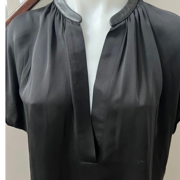 Vince Grey Silk Leather Trim Blouse - M - Picture 2 of 4